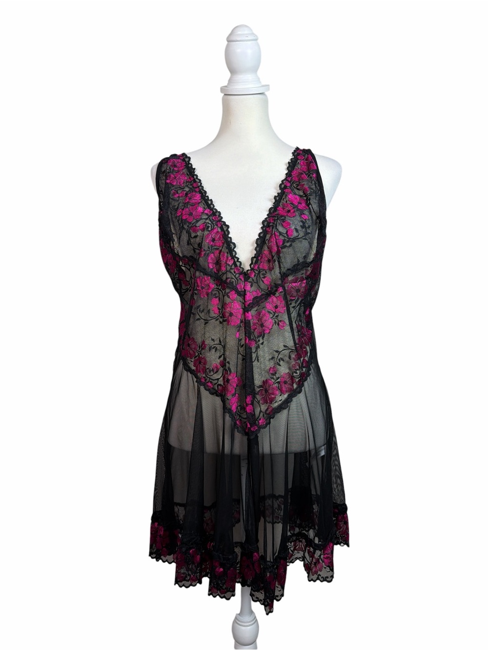 Real Lingerie 3X/4X Black Pink Floral Lace Sheer Babydoll Chemise Nightgown